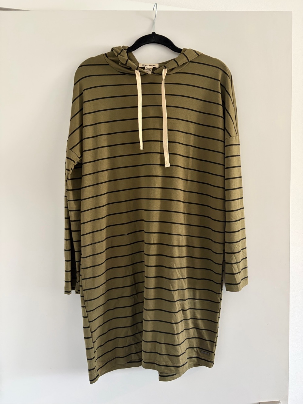 Billabong Olive Striped Mini Dress with Cream Drawstrings